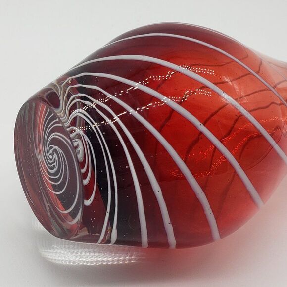 Vintage Esborg, Denmark 1970s Red Cranberry White Swirl Art Glass Vase - Picture 4 of 13